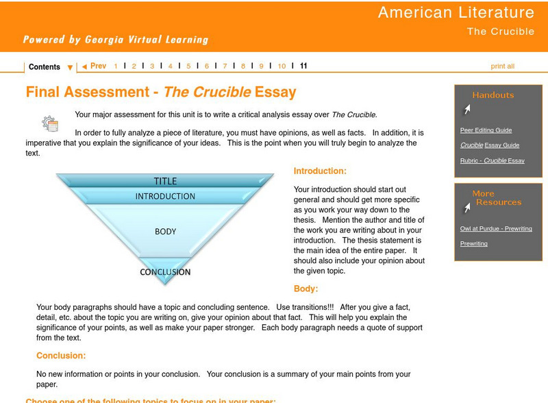 Ga Virtual Learning: American Literature: The Crucible: Final Assessment Essay Unit Plan Ga Virtual Learning: American Literature: The Crucible: Final Assessment Essay Unit Plan