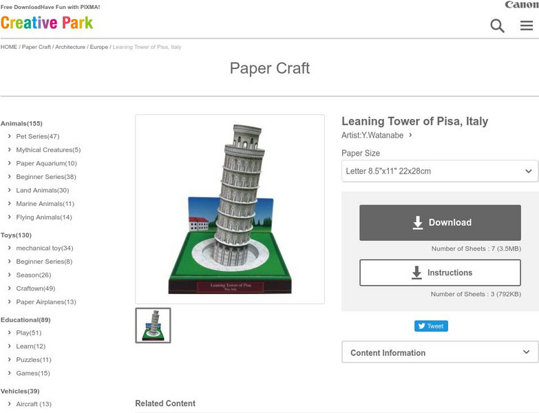 Canon 3 D Paper Craft Buildings: Leaning Tower of Pisa Activity Canon 3 D Paper Craft Buildings: Leaning Tower of Pisa Activity