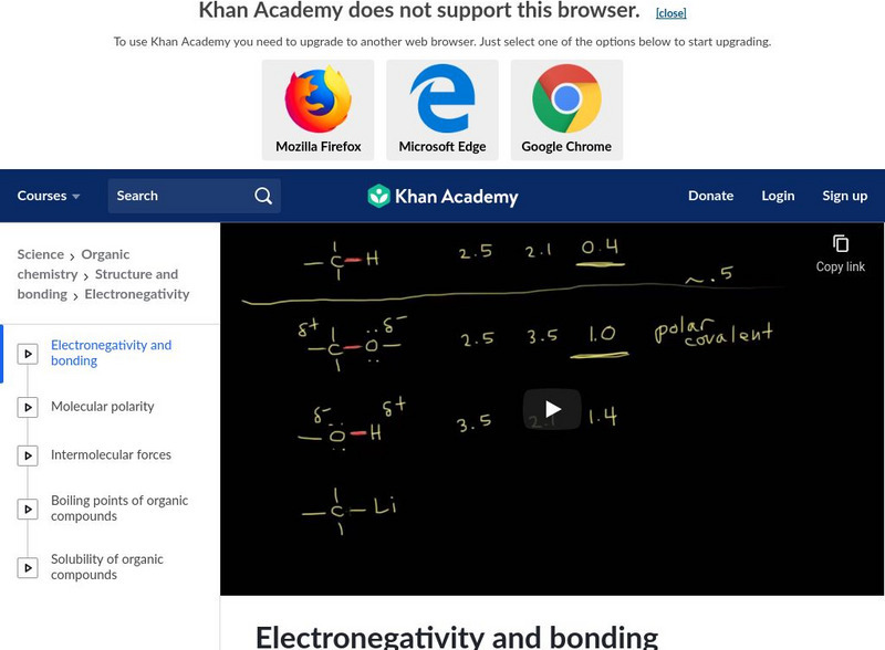 Khan Academy: Structure and Bonding: Electronegativity and Bonding Instructional Video Khan Academy: Structure and Bonding: Electronegativity and Bonding Instructional Video