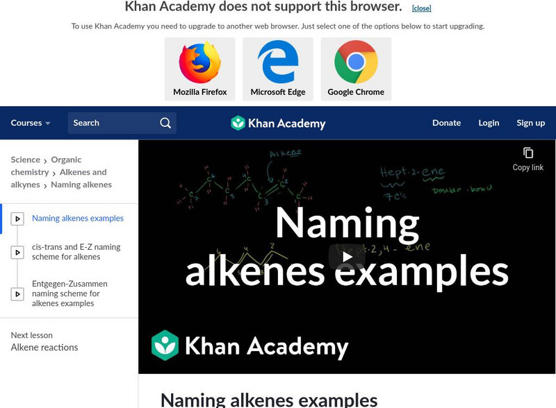 Khan Academy: Alkenes and Alkynes: Naming Alkenes Examples Instructional Video