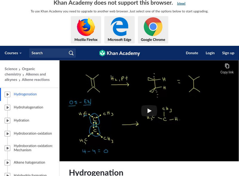 Khan Academy: Alkenes and Alkynes: Alkene Reactions: Hydrogenation Instructional Video