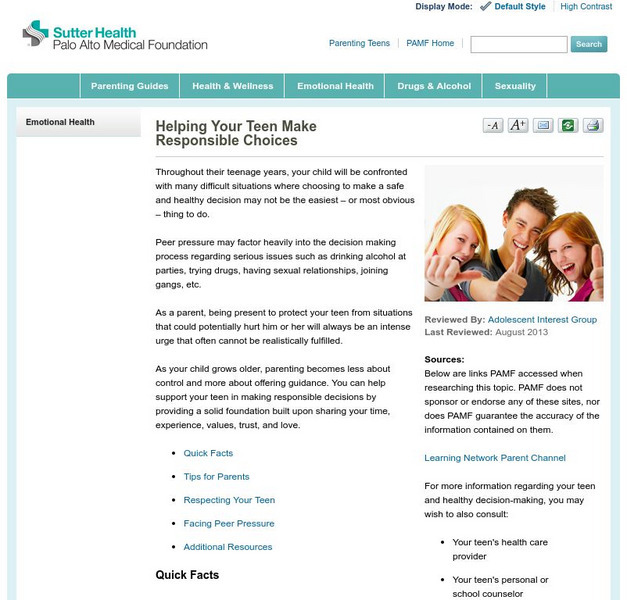 Sutter Health: Helping Your Teen Make Responsible Choices Website Sutter Health: Helping Your Teen Make Responsible Choices Website