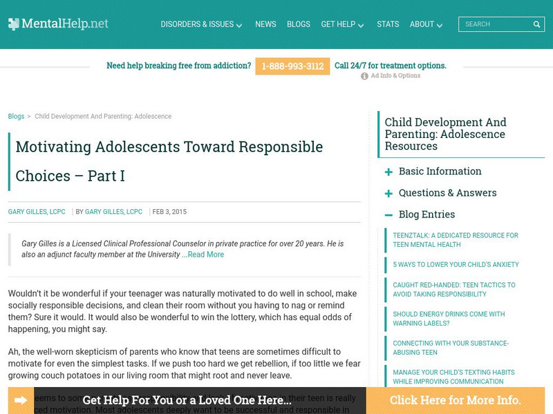 Mental help.net: Motivating Adolescents Toward Responsible Choices Part I Article Mental help.net: Motivating Adolescents Toward Responsible Choices Part I Article