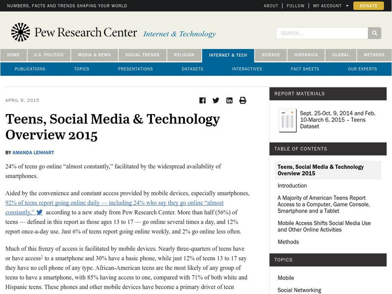 Pew Research Center: Teens, Social Media & Technology Overview 2015 Article Pew Research Center: Teens, Social Media & Technology Overview 2015 Article