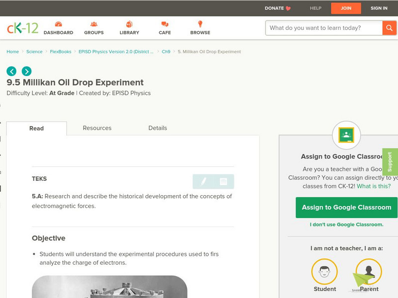 Ck 12: Millikan Oil Drop Experiment Unit Plan