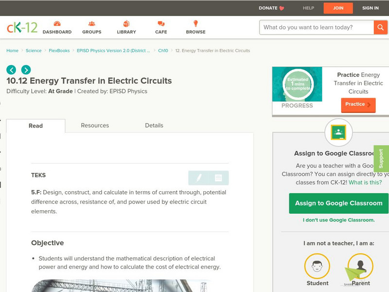 Ck 12: Energy Transfer in Electric Circuits Unit Plan Ck 12: Energy Transfer in Electric Circuits Unit Plan
