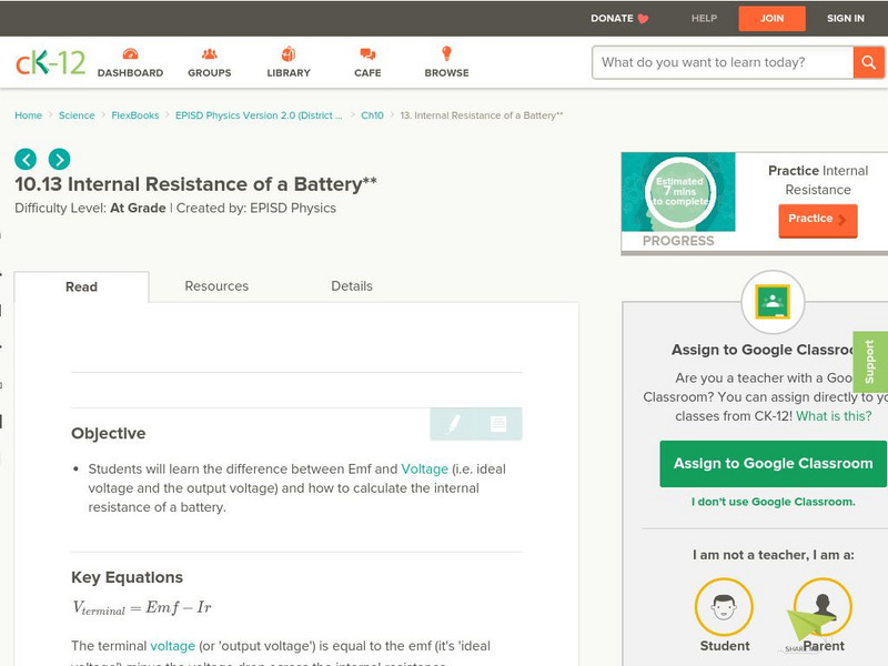 Ck 12: Internal Resistance of a Battery Unit Plan