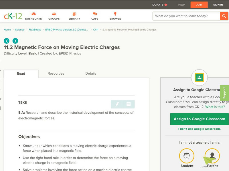 Ck 12: Magnetic Force on Moving Electric Charges Unit Plan Ck 12: Magnetic Force on Moving Electric Charges Unit Plan