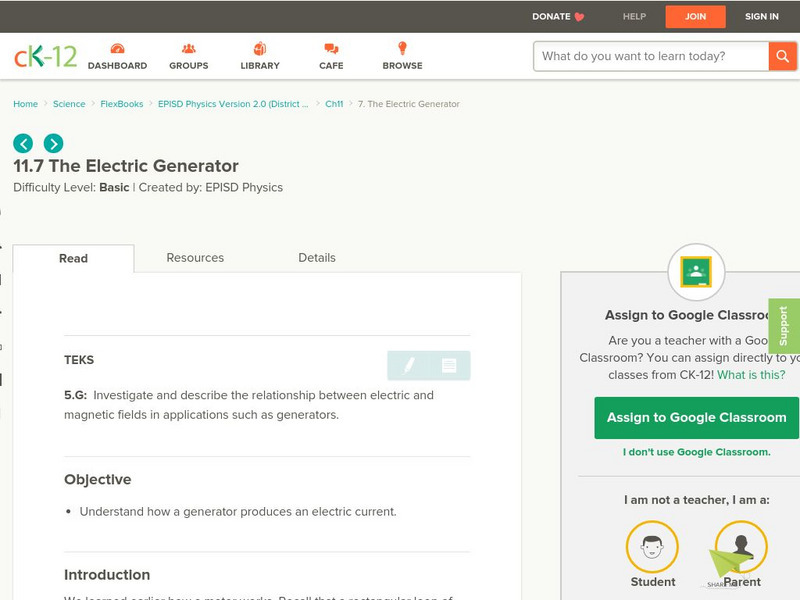Ck 12: The Electric Generator Unit Plan Ck 12: The Electric Generator Unit Plan