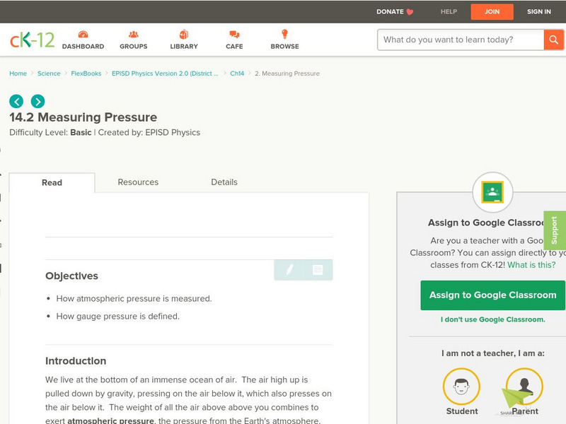 Ck 12: Measuring Pressure Unit Plan Ck 12: Measuring Pressure Unit Plan