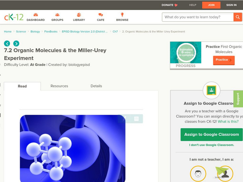 Ck 12: Organic Molecules & the Miller Urey Experiment Unit Plan