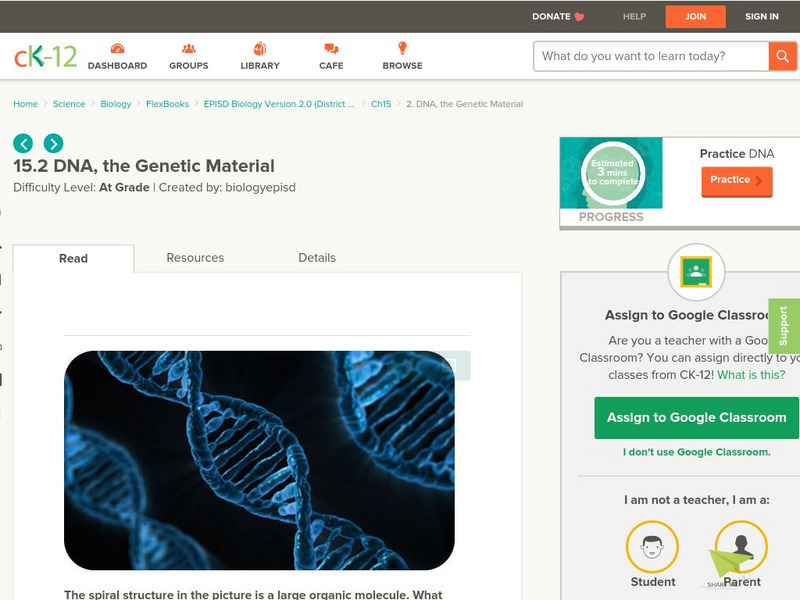 Ck 12: Dna, the Genetic Material Unit Plan Ck 12: Dna, the Genetic Material Unit Plan