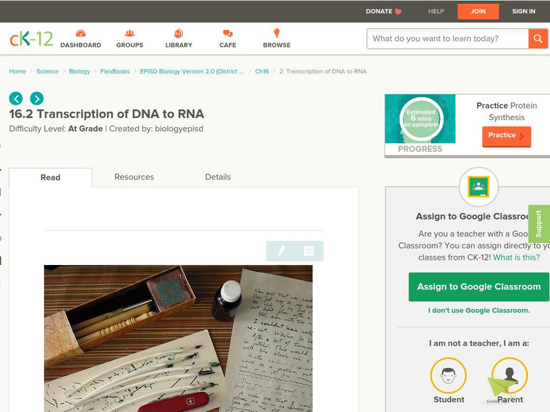 Ck 12: Transcription of Dna to Rna Unit Plan Ck 12: Transcription of Dna to Rna Unit Plan