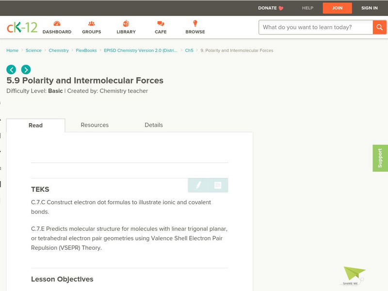 Ck 12: Polarity and Intermolecular Forces Unit Plan Ck 12: Polarity and Intermolecular Forces Unit Plan