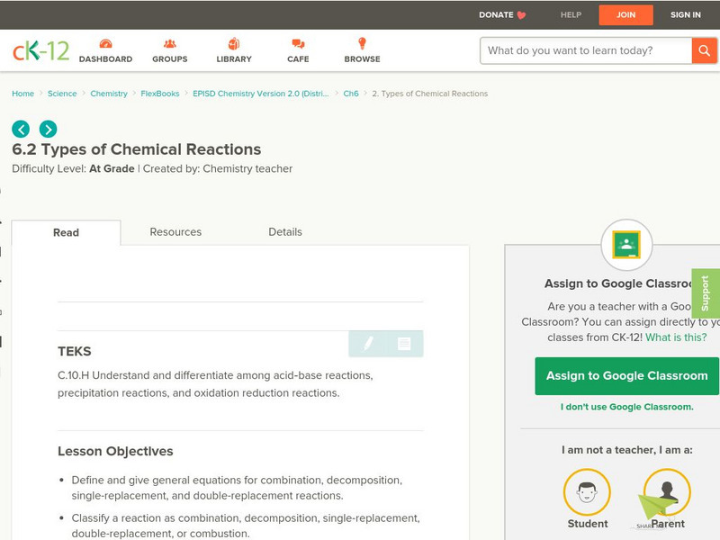 Ck 12: Types of Chemical Reactions Unit Plan Ck 12: Types of Chemical Reactions Unit Plan