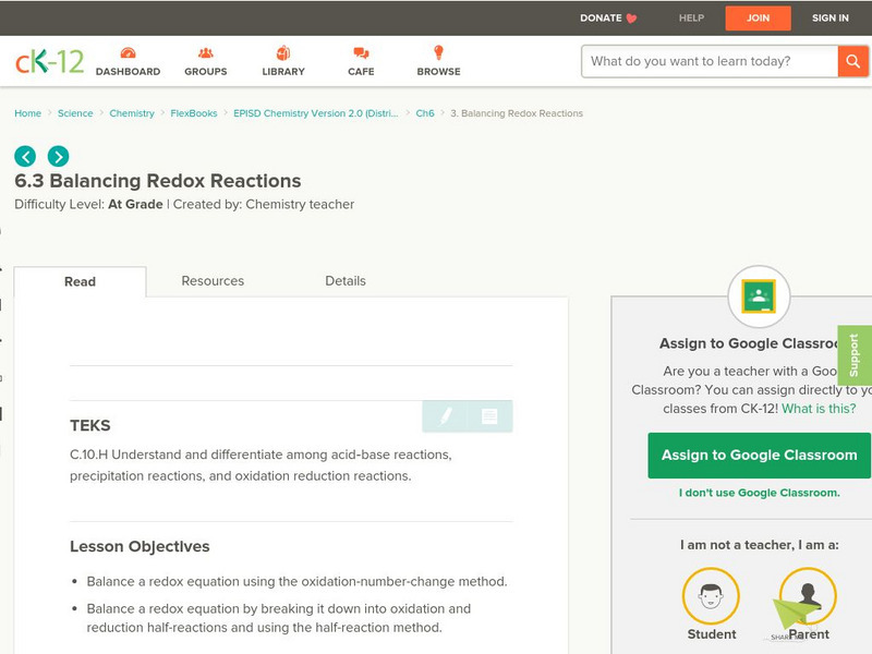 Ck 12: Balancing Redox Reactions Unit Plan Ck 12: Balancing Redox Reactions Unit Plan
