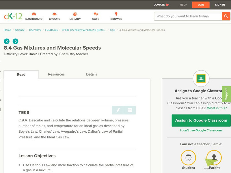 Ck 12: Gas Mixtures and Molecular Speeds Unit Plan Ck 12: Gas Mixtures and Molecular Speeds Unit Plan