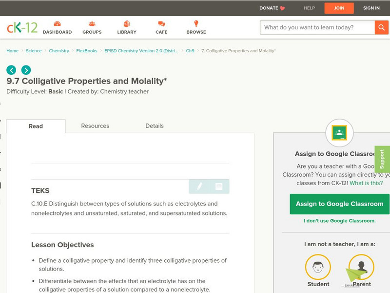 Ck 12: Colligative Properties and Molality Unit Plan Ck 12: Colligative Properties and Molality Unit Plan