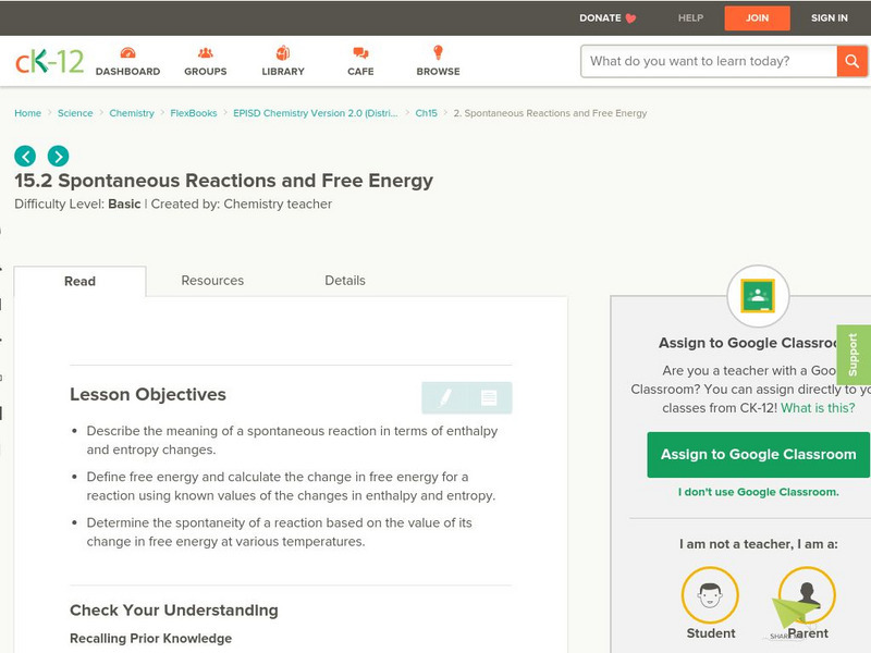 Ck 12: Spontaneous Reactions and Free Energy Unit Plan Ck 12: Spontaneous Reactions and Free Energy Unit Plan