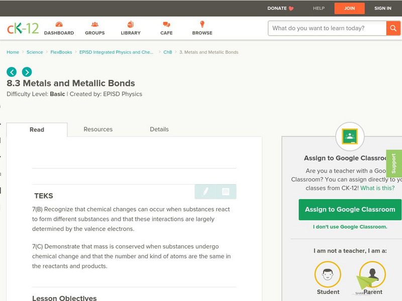 Ck 12: Metals and Metallic Bonds Unit Plan