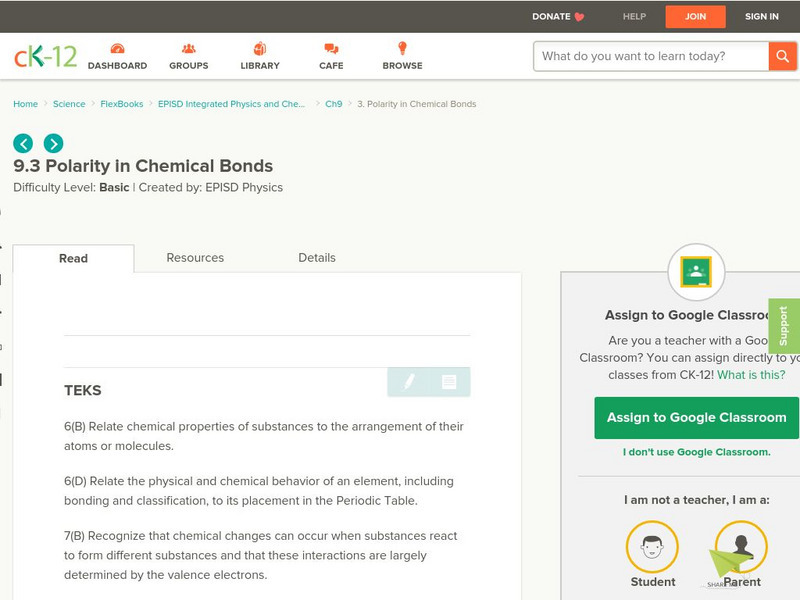 Ck 12: Polarity in Chemical Bonds Unit Plan Ck 12: Polarity in Chemical Bonds Unit Plan