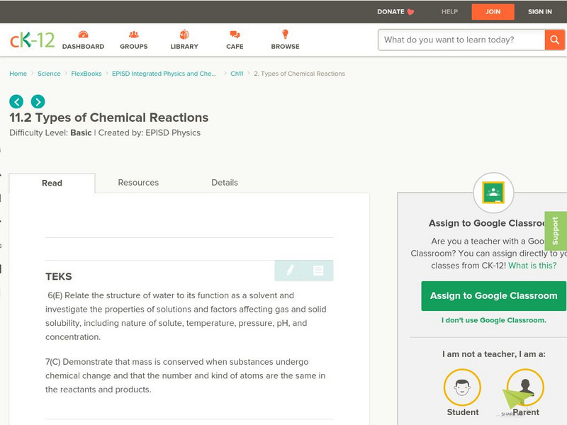 Ck 12: Types of Chemical Reactions Unit Plan Ck 12: Types of Chemical Reactions Unit Plan