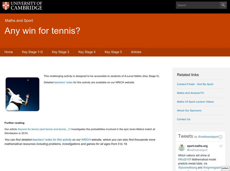 University of Cambridge: Maths and Sports: Any Win for Tennis? Activity University of Cambridge: Maths and Sports: Any Win for Tennis? Activity