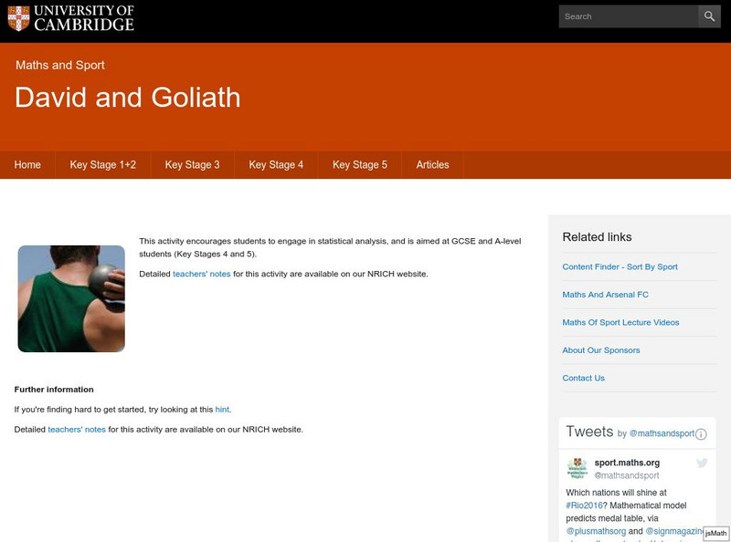 University of Cambridge: Maths and Sports: David and Goliath Activity University of Cambridge: Maths and Sports: David and Goliath Activity