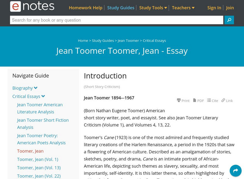 E Notes: Short Story Criticism: Jean Toomer Handout E Notes: Short Story Criticism: Jean Toomer Handout