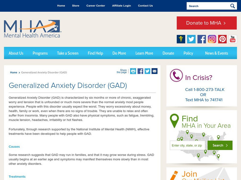 Mental Health America: Generalized Anxiety Disorder (Gad) Website Mental Health America: Generalized Anxiety Disorder (Gad) Website