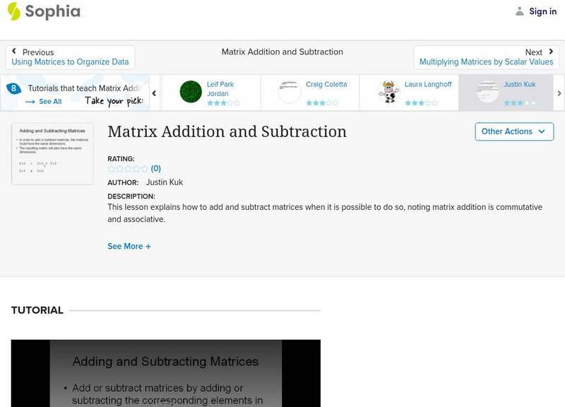Sophia: Matrix Addition and Subtraction Instructional Video