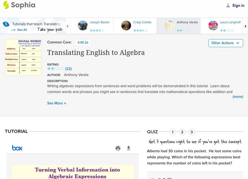 Sophia: Translating English to Algebra PPT Sophia: Translating English to Algebra PPT