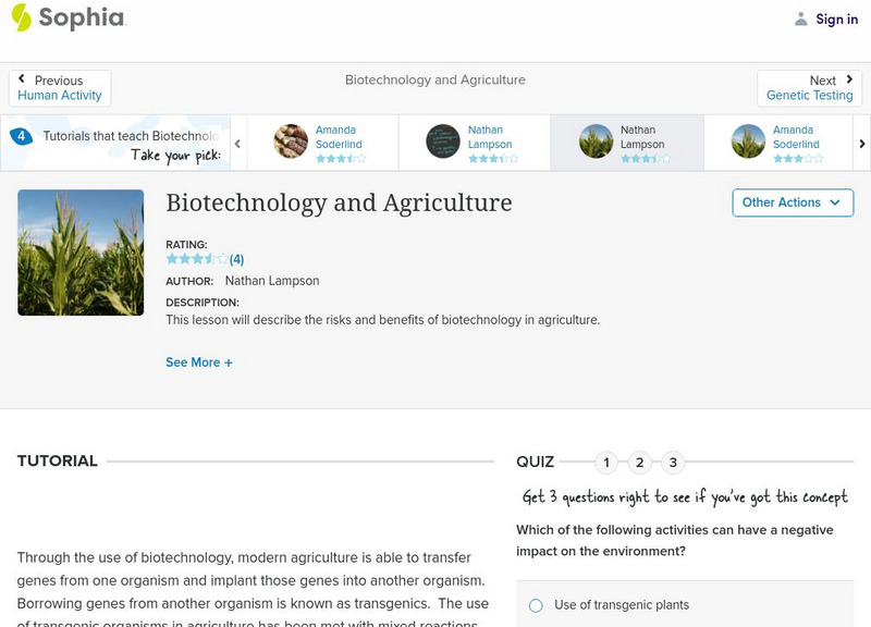 Sophia: Biotechnology and Agriculture: Lesson 4 Unit Plan Sophia: Biotechnology and Agriculture: Lesson 4 Unit Plan