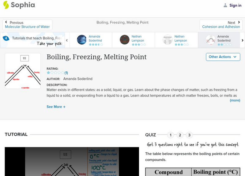 Sophia: Boiling, Freezing, Melting Point: Lesson 3 Instructional Video Sophia: Boiling, Freezing, Melting Point: Lesson 3 Instructional Video