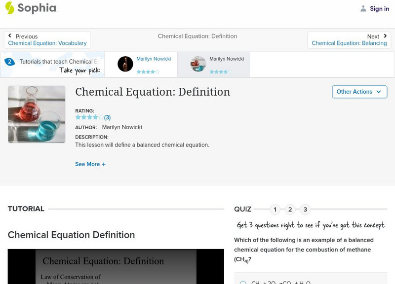 Sophia: Chemical Equation: Definition: Lesson 1 Instructional Video