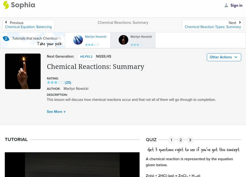 Sophia: Chemical Reactions: Summary: Lesson 2 Instructional Video