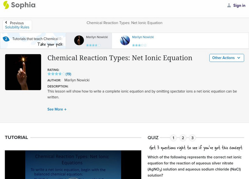 Sophia: Chemical Reaction Types: Net Ionic Equation: Lesson 2 Instructional Video Sophia: Chemical Reaction Types: Net Ionic Equation: Lesson 2 Instructional Video