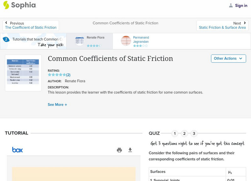 Sophia: Common Coefficients of Static Friction: Lesson 2 PPT Sophia: Common Coefficients of Static Friction: Lesson 2 PPT