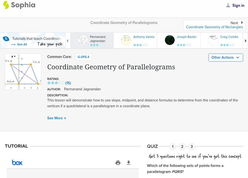 Sophia: Coordinate Geometry of Parallelograms: Lesson 4 PPT Sophia: Coordinate Geometry of Parallelograms: Lesson 4 PPT