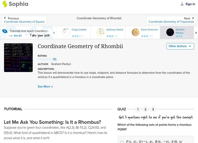 Sophia: Coordinate Geometry of Rhombii: Lesson 3 Instructional Video Sophia: Coordinate Geometry of Rhombii: Lesson 3 Instructional Video