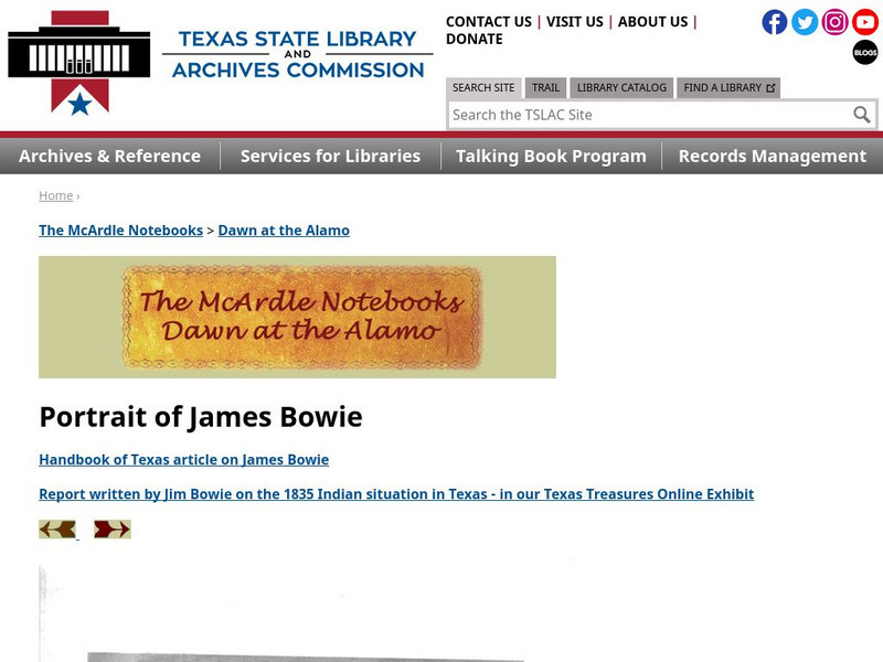 Texas State Library and Archives Commission: Dawn at the Alamo: Portrait of James Bowie Primary Texas State Library and Archives Commission: Dawn at the Alamo: Portrait of James Bowie Primary
