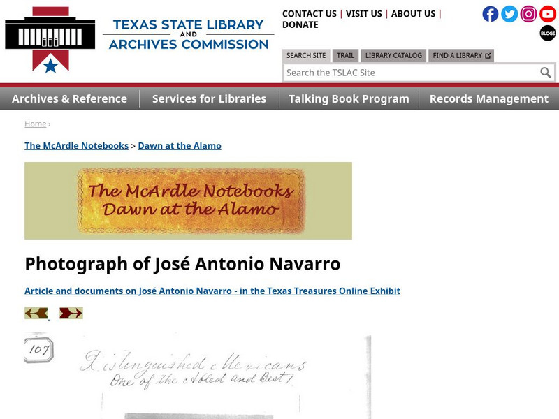 Texas State Library and Archives Commission: Dawn at the Alamo: Photograph of Jose Antonio Navarro Primary Texas State Library and Archives Commission: Dawn at the Alamo: Photograph of Jose Antonio Navarro Primary