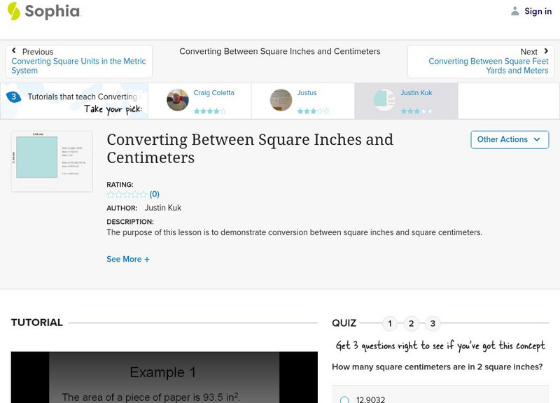 Sophia: Converting Between Square Inches and Centimeters: Lesson 1 Unit Plan Sophia: Converting Between Square Inches and Centimeters: Lesson 1 Unit Plan