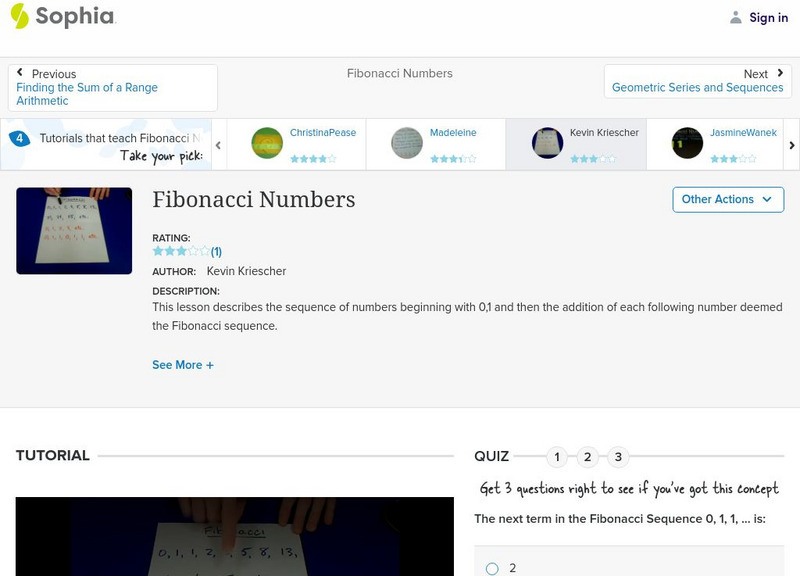 Sophia: Fibonacci Numbers: Lesson 3 Instructional Video for 9th - 10th ...