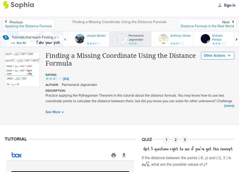 Sophia: Finding a Missing Coordinate Using the Distance Formula: Lesson 5 PPT