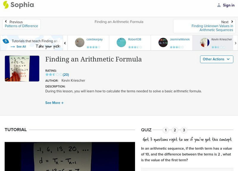 Sophia: Finding an Arithmetic Formula: Lesson 1 Instructional Video Sophia: Finding an Arithmetic Formula: Lesson 1 Instructional Video