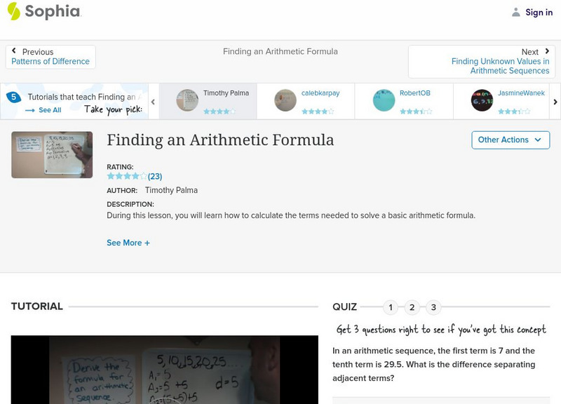 Sophia: Finding an Arithmetic Formula: Lesson 10 Instructional Video Sophia: Finding an Arithmetic Formula: Lesson 10 Instructional Video