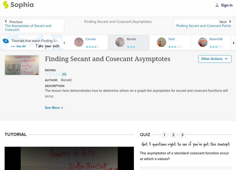 Sophia: Finding Secant and Cosecant Asymptotes: Lesson 2 Instructional Video Sophia: Finding Secant and Cosecant Asymptotes: Lesson 2 Instructional Video