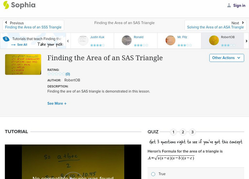 Sophia: Finding the Area of an Sas Triangle: Lesson 5 Instructional Video