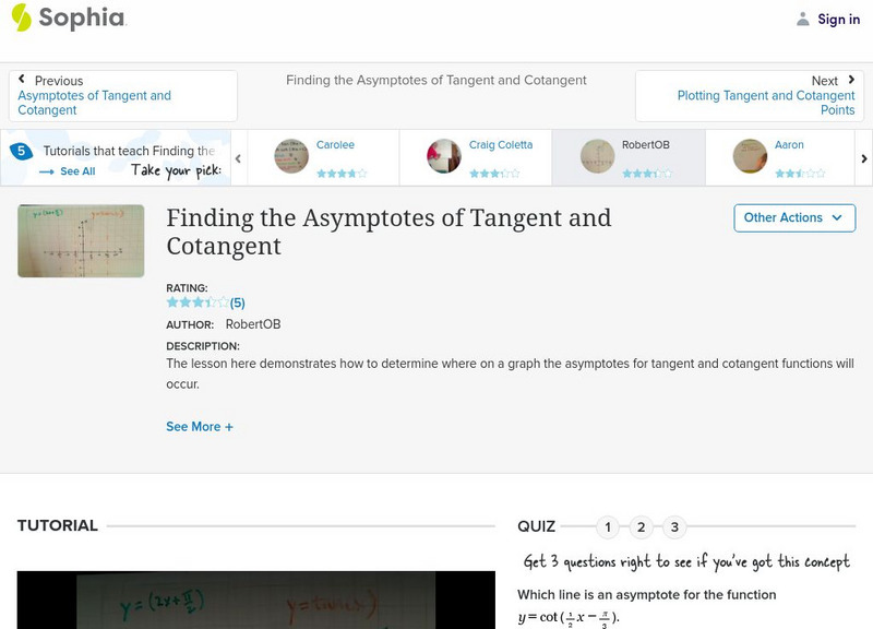 Sophia: Finding the Asymptotes of Tangent and Cotangent: Lesson 3 Instructional Video Sophia: Finding the Asymptotes of Tangent and Cotangent: Lesson 3 Instructional Video
